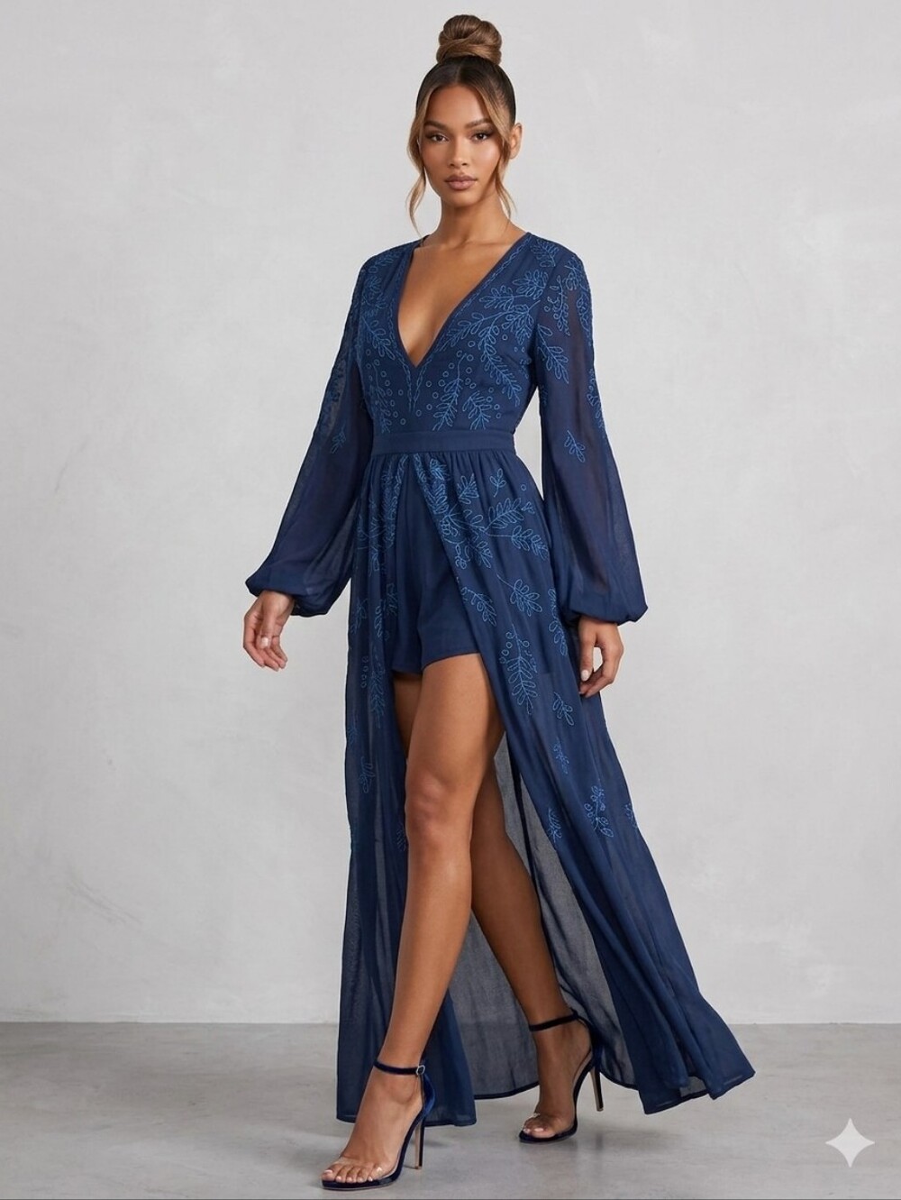 Honey Punch Navy Embroidered Maxi‎ Romper Dress